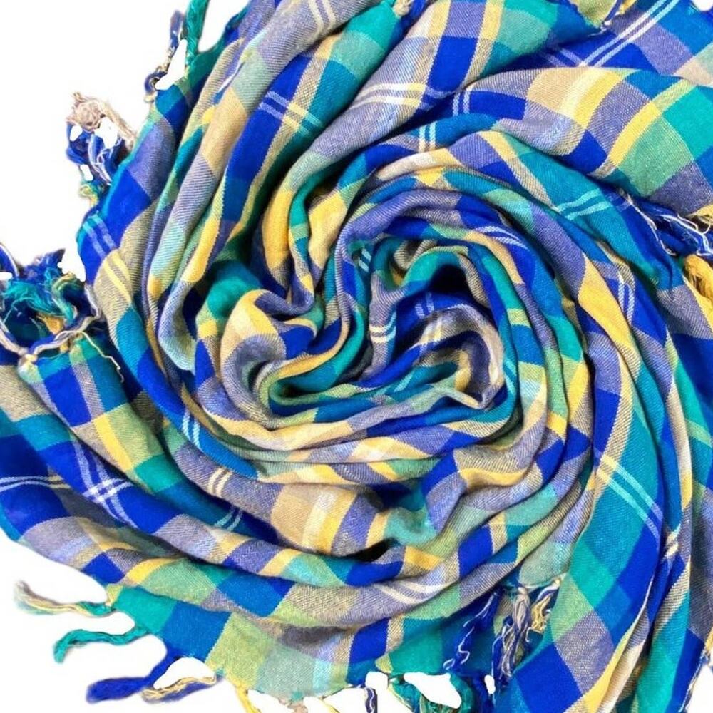 Vibrant Blue & Yellow Plaid Rayon Fringed Scarf L30" X W30" Fringe 2"